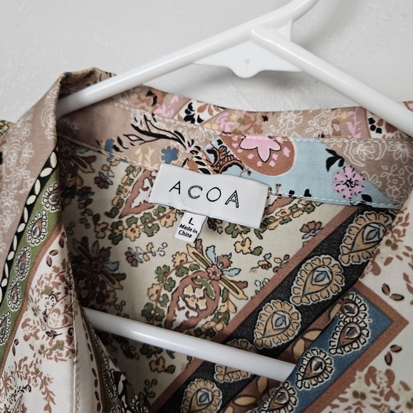 Acoa Women's Large Patchwork Satin Long Sleeve Button Up Blouse Beige Blue Green - Picture 2 of 7